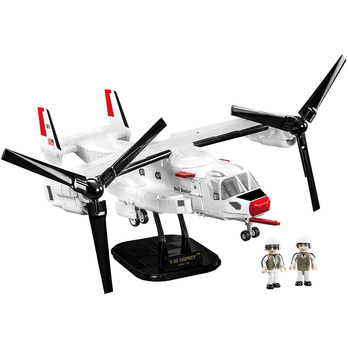 Złożony model V-22 Osprey na podstawce z dwiema figurkami
