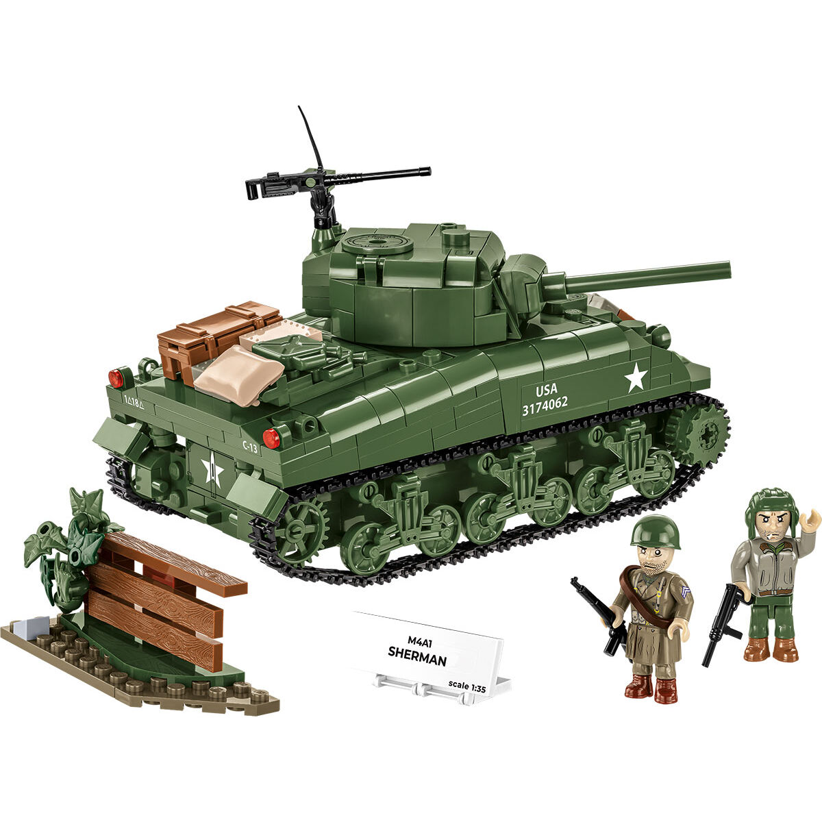 Tył modelu M4A1 Sherman z dwiema figurkami i elementami otoczenia