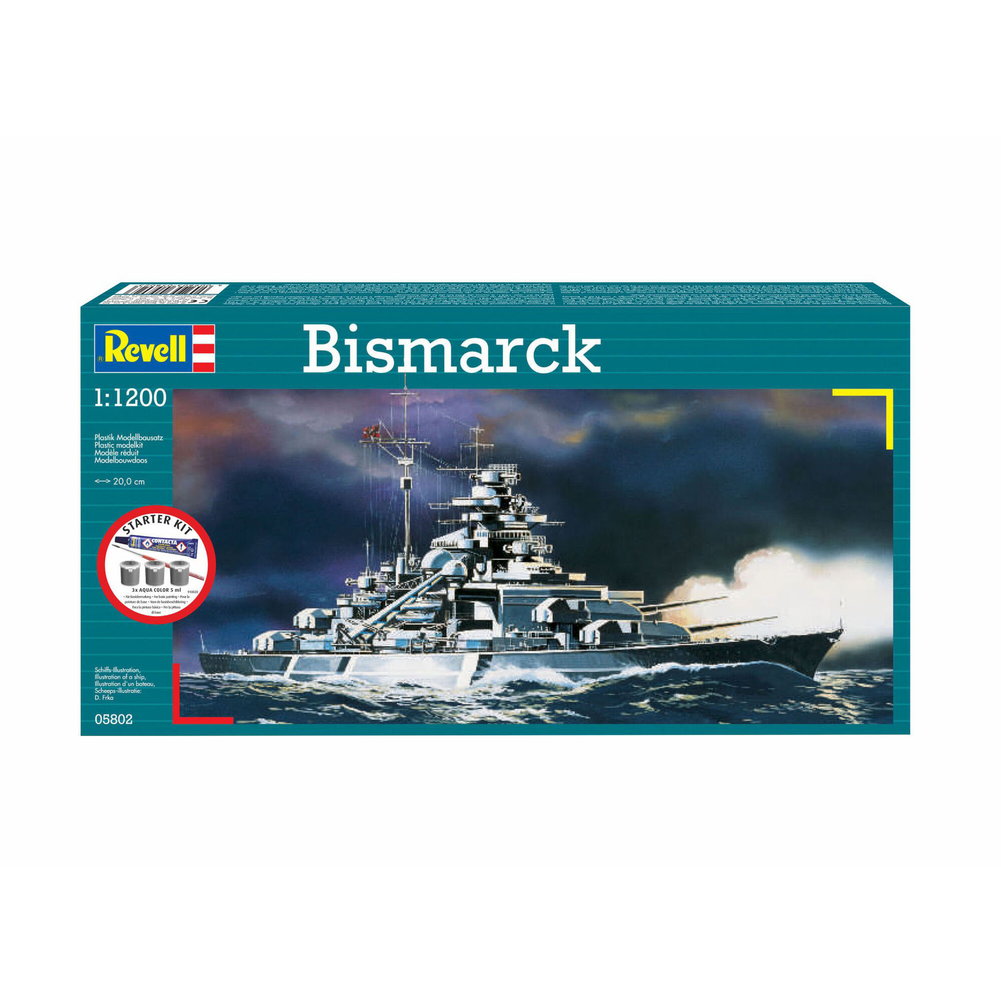 Model Bismarck w skali 1:1200 na opakowaniu zestawu Revell