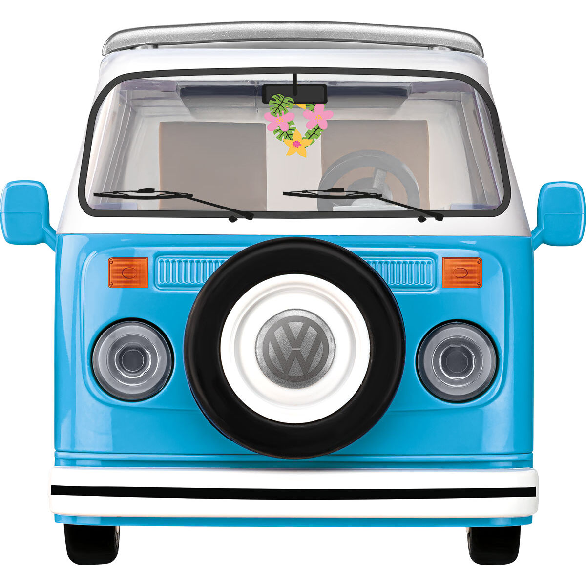 Przód modelu Volkswagen Camper Van z logo Volkswagena i nadrukami