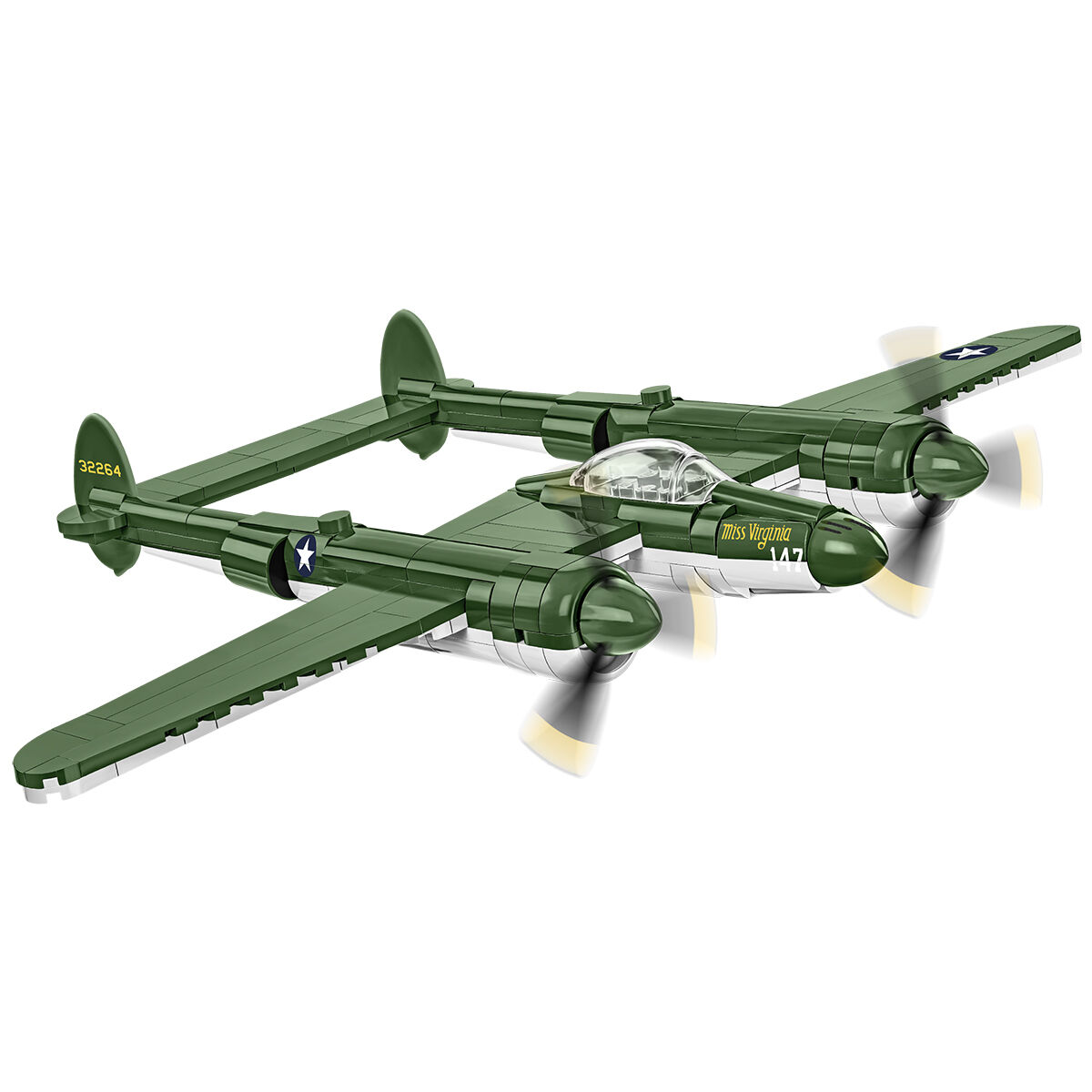 Zbudowany model Lockheed P-38 Lightning z obracającymi się śmigłami