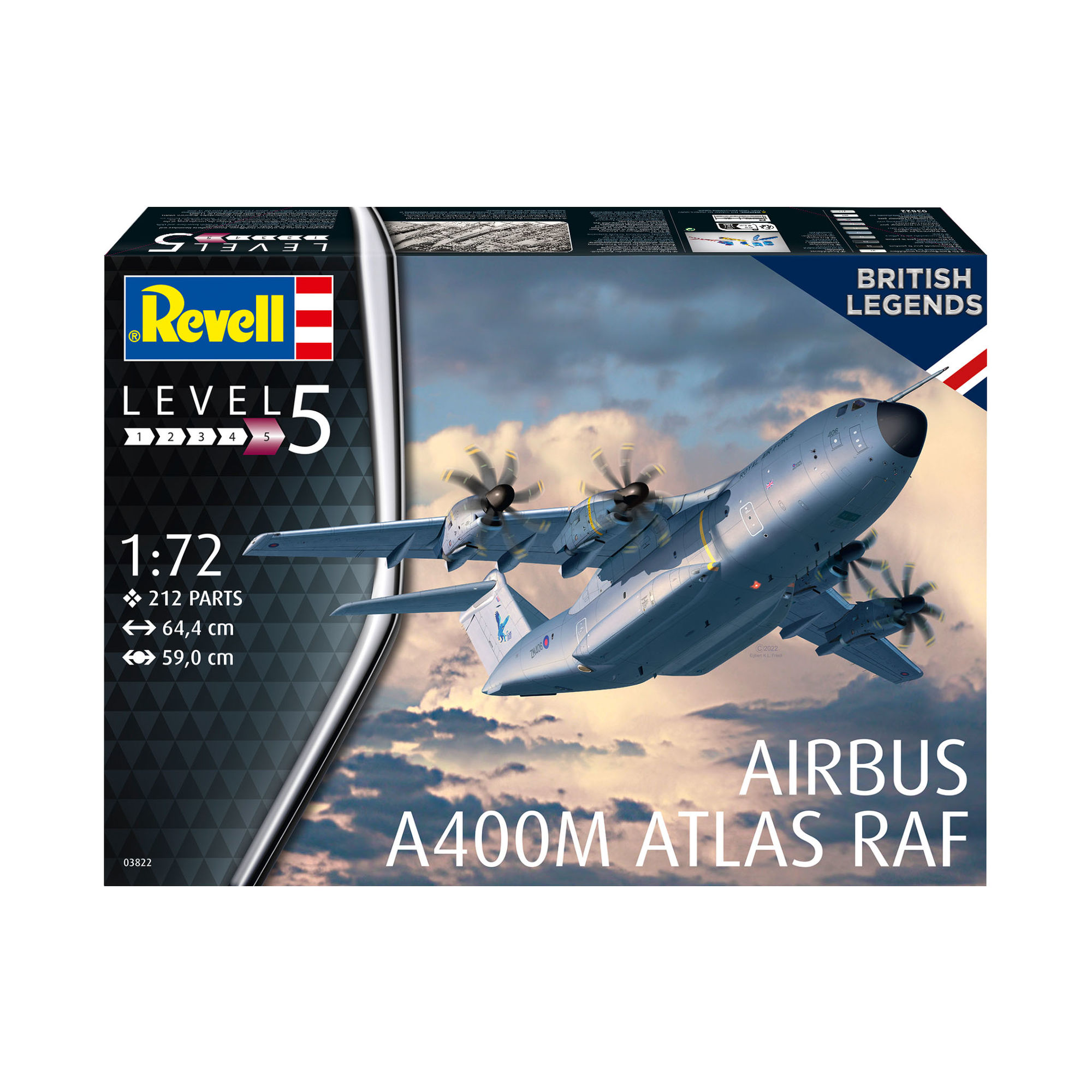 Pudełko modelu Airbus A400M Atlas RAF z widoczną skalą i wymiarami