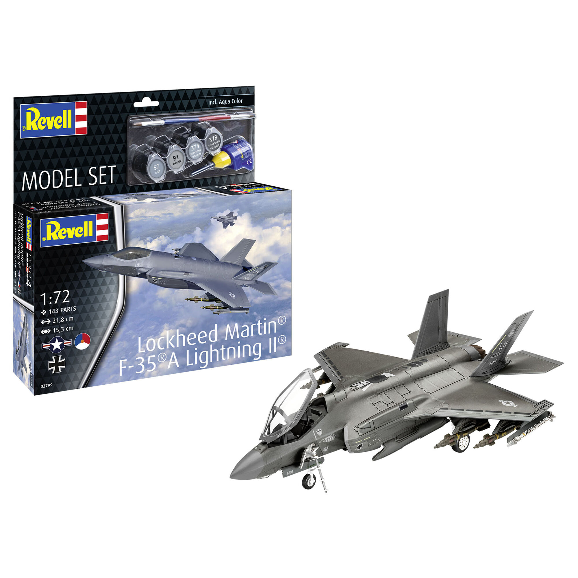 Złożony model Lockheed Martin F-35A Lightning II z pudełkiem zestawu