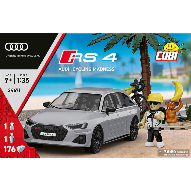 Audi RS 4 B9 z rowerem i figurką turysty
