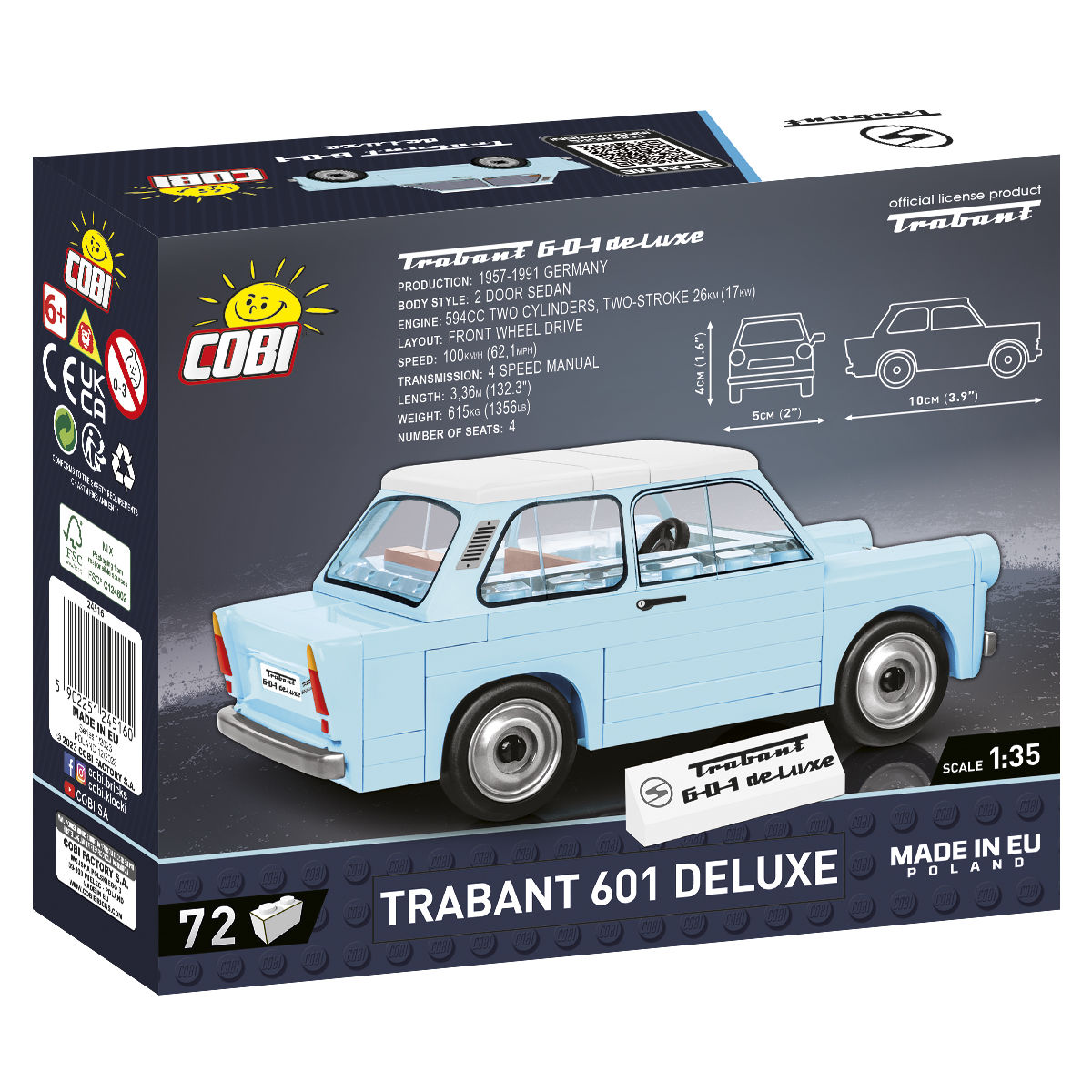 Pudełko zestawu Trabant 601 Deluxe z widokiem modelu od tyłu