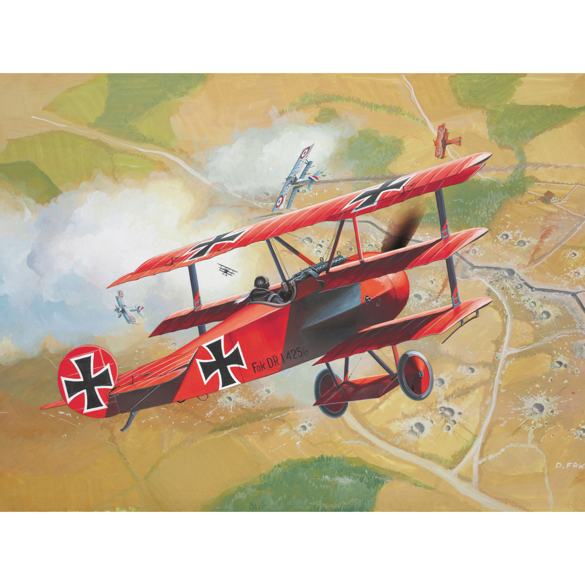 Fokker Dr.1 przedstawiony w locie na ilustracji historycznej