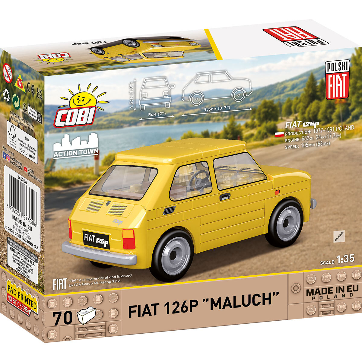 Model Fiata 126p z klocków COBI na opakowaniu