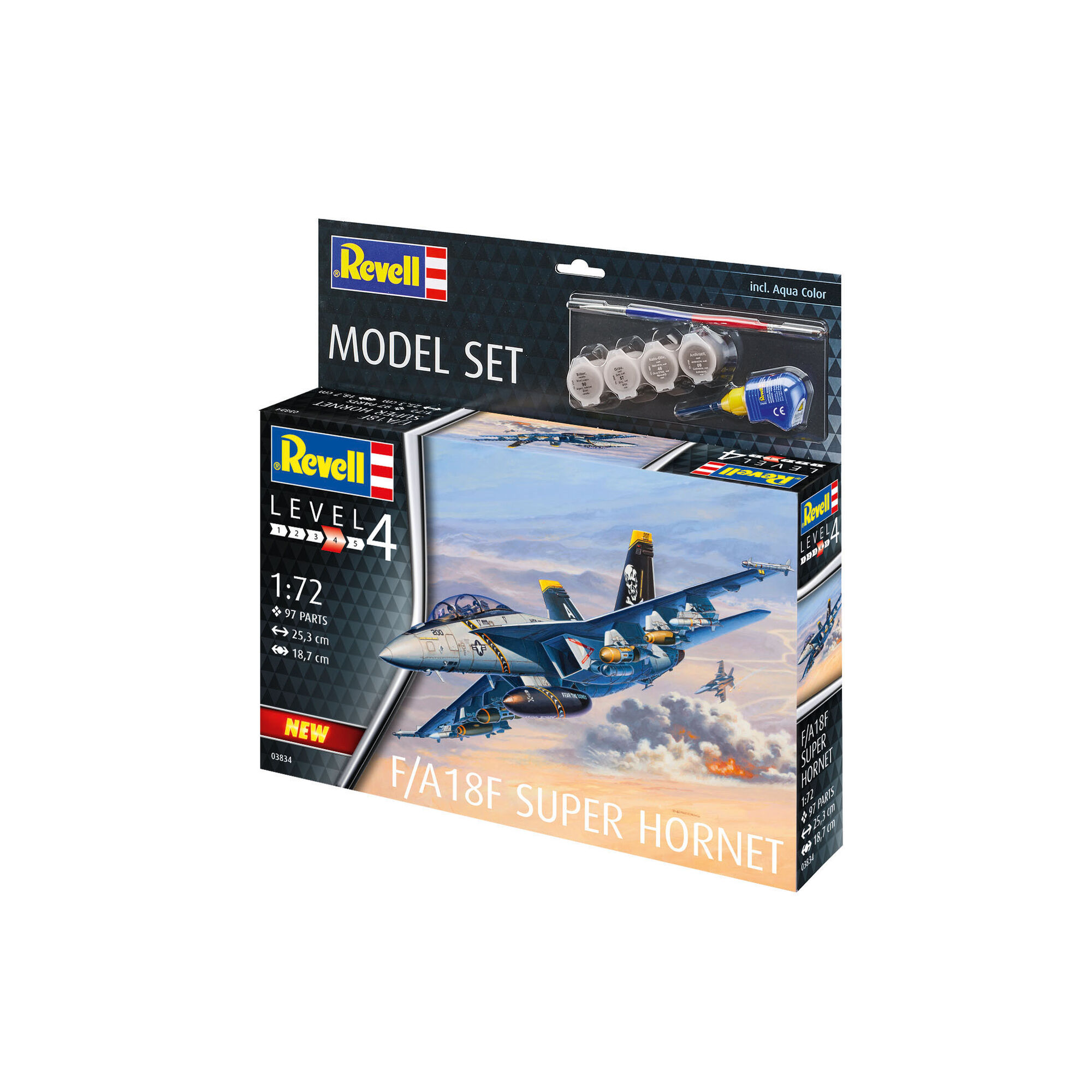 Pudełko modelu F/A-18F Super Hornet z zestawem farb i akcesoriów