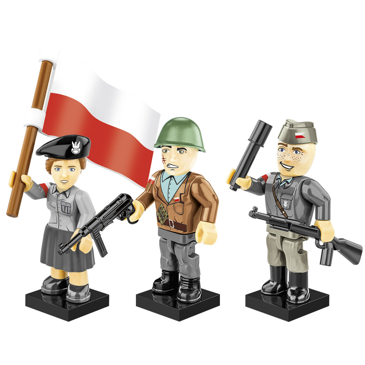 Trzy figurki powstańców warszawskich z akcesoriami