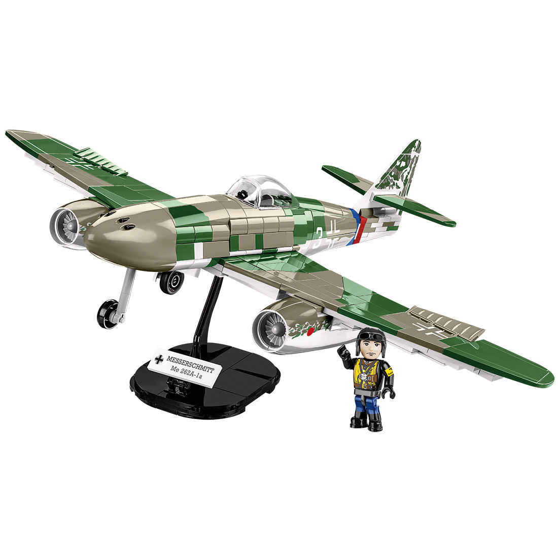 Zbudowany model Messerschmitta Me 262 na podstawce z figurką pilota