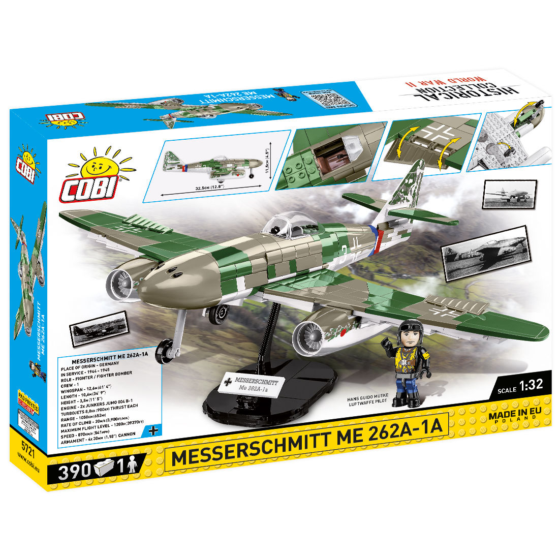 Model Messerschmitta Me 262A-1A z figurką pilota i podstawką