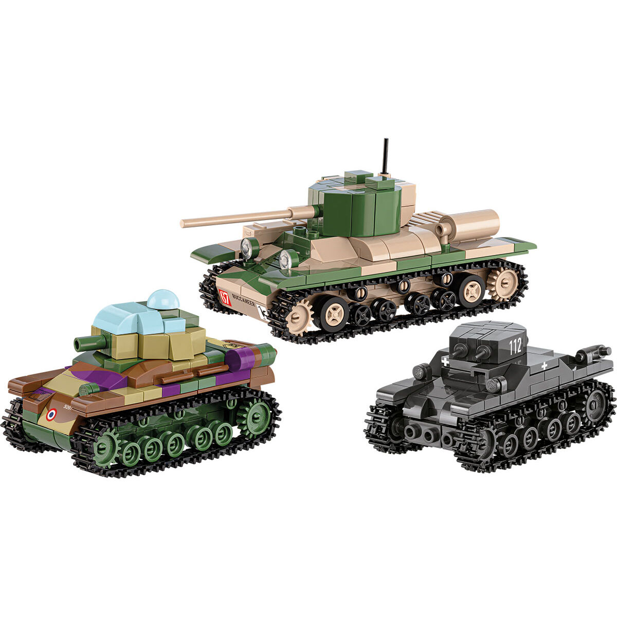 Trzy zbudowane modele czołgów Valentine IX, Panzer I i Renault R35