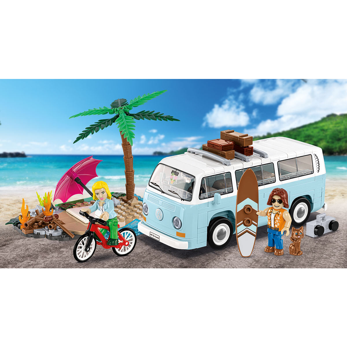 Zbudowany model Volkswagena T2a Kombi z akcesoriami plażowymi