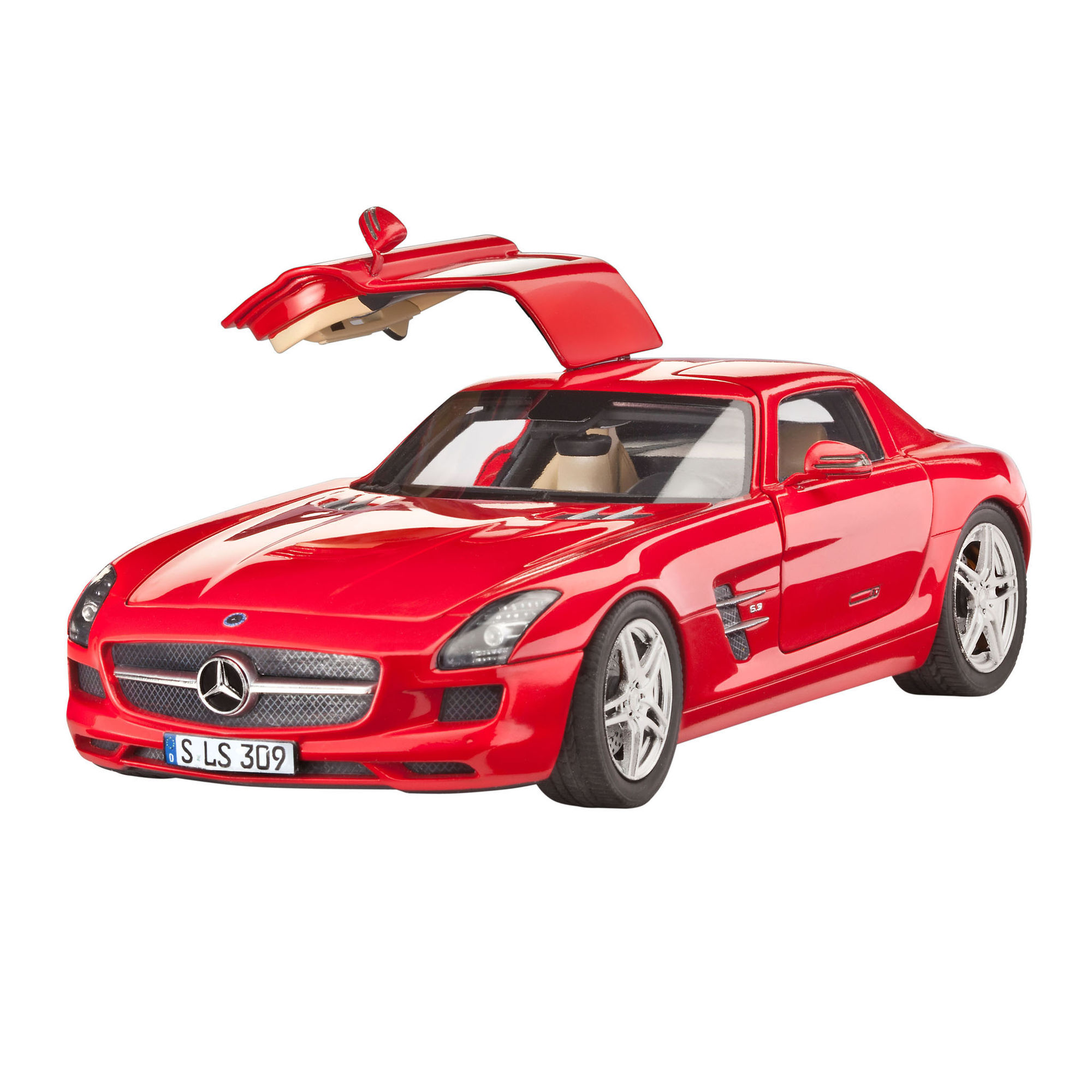 Czerwony model Mercedes-Benz SLS AMG z otwartymi drzwiami