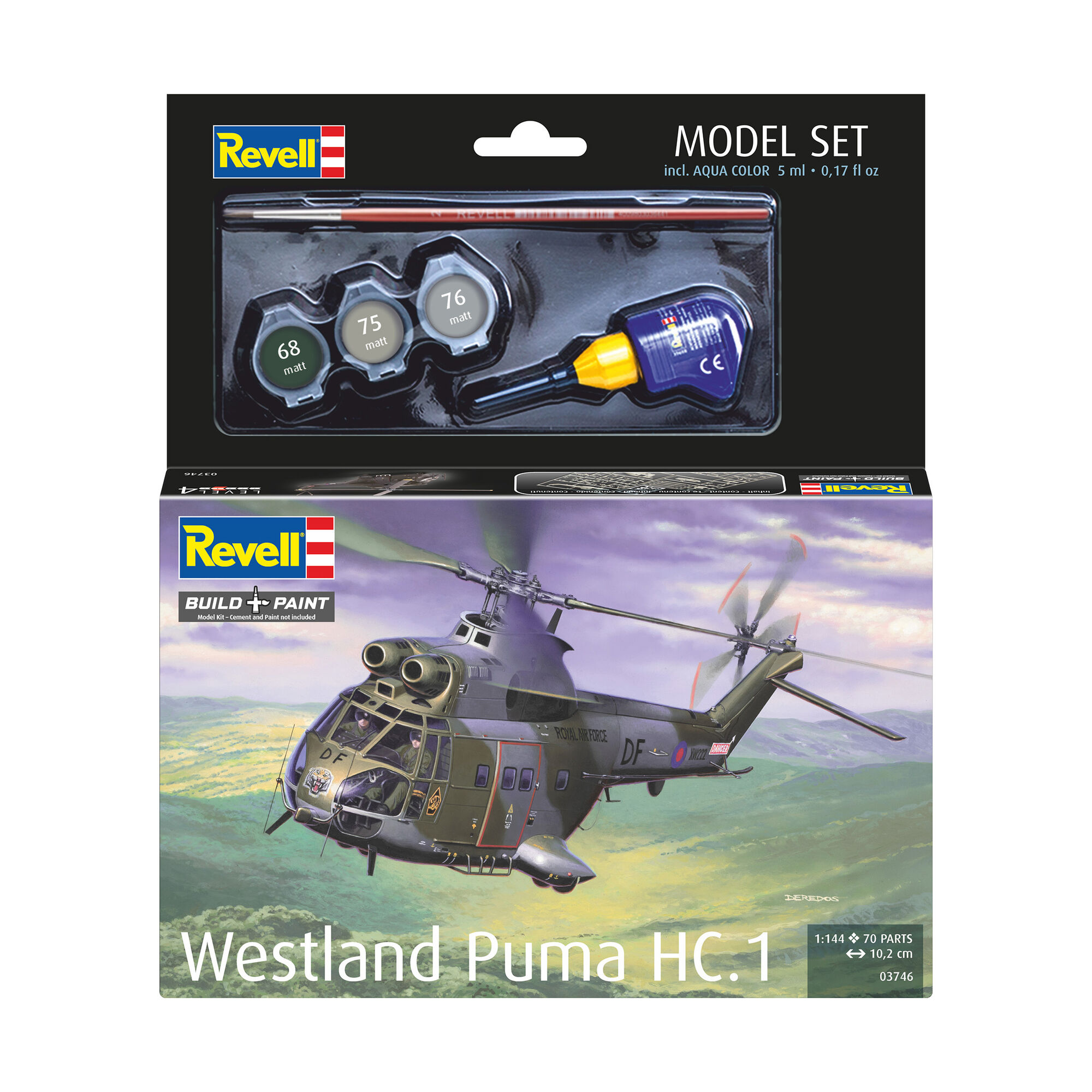 Opakowanie zestawu Revell Westland Puma HC.1 z farbami i klejem