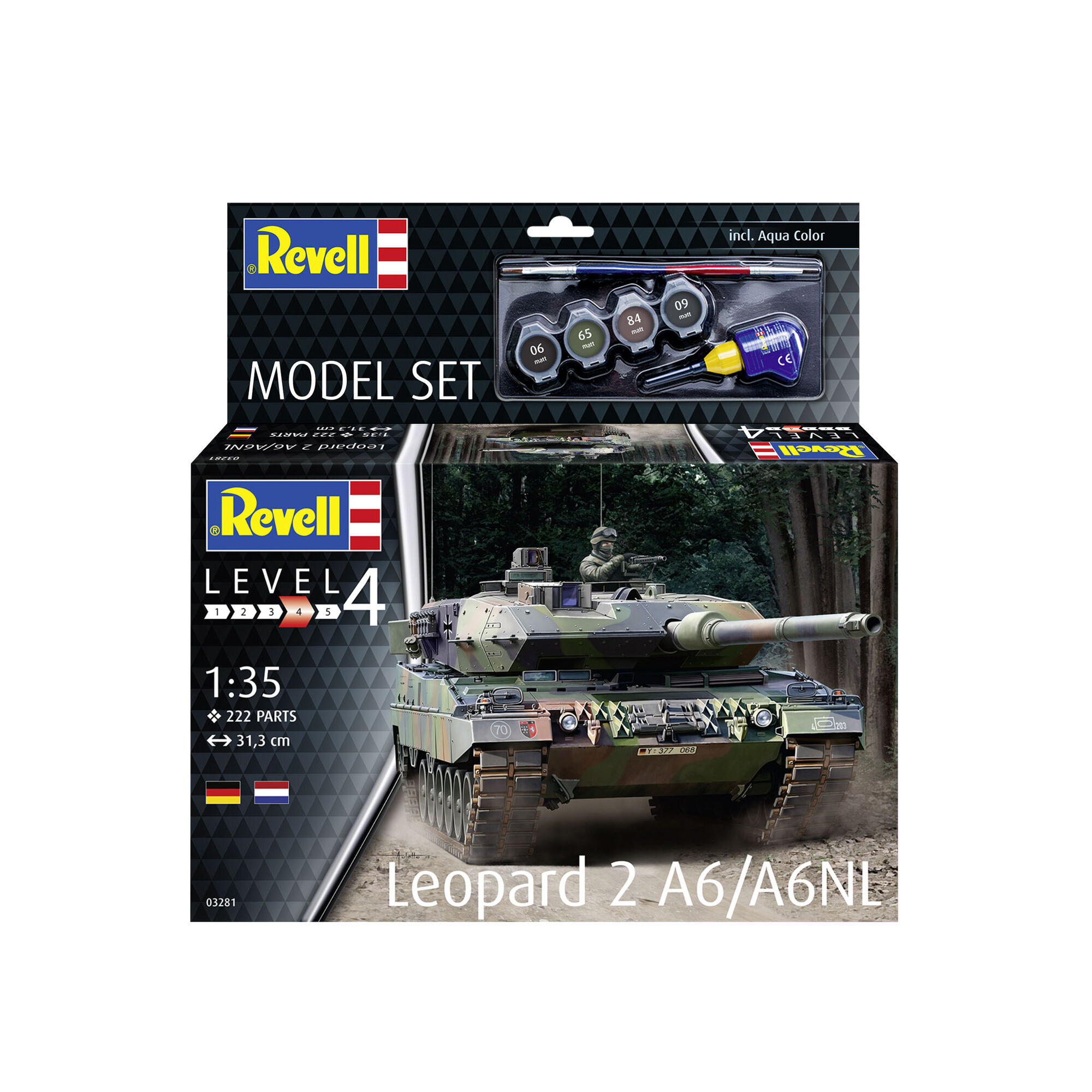 Opakowanie zestawu Revell Leopard 2 A6/A6NL z farbami