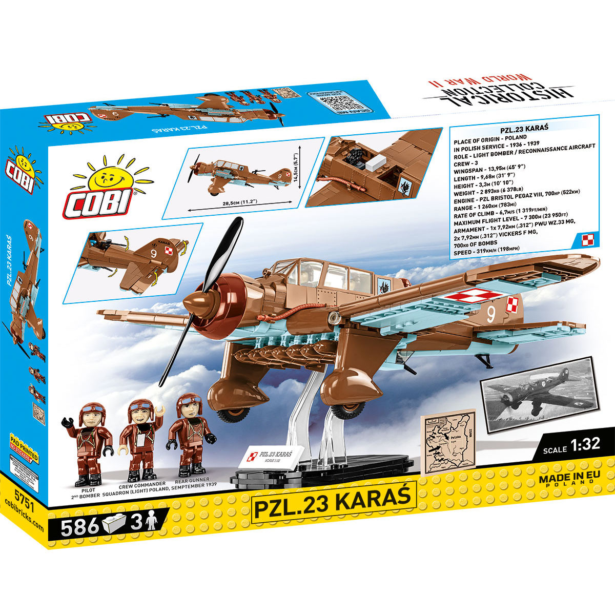 Model PZL.23 Karaś z klocków na podstawce ekspozycyjnej
