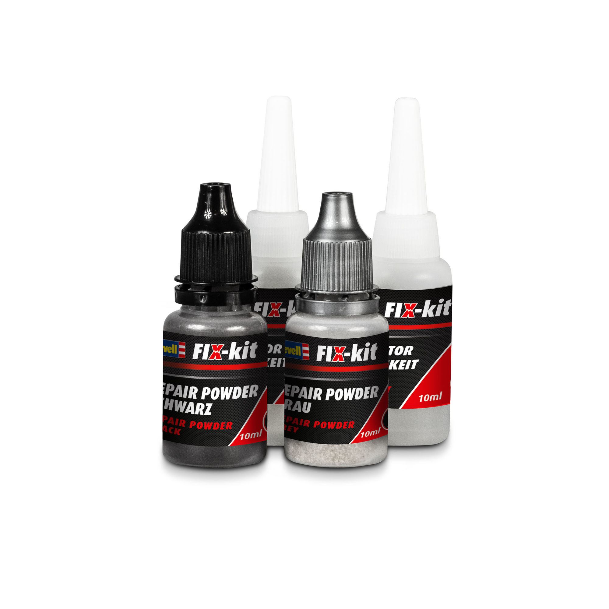 Butelki FIX-kit z czarnym i szarym proszkiem oraz płynnym aktywatorem
