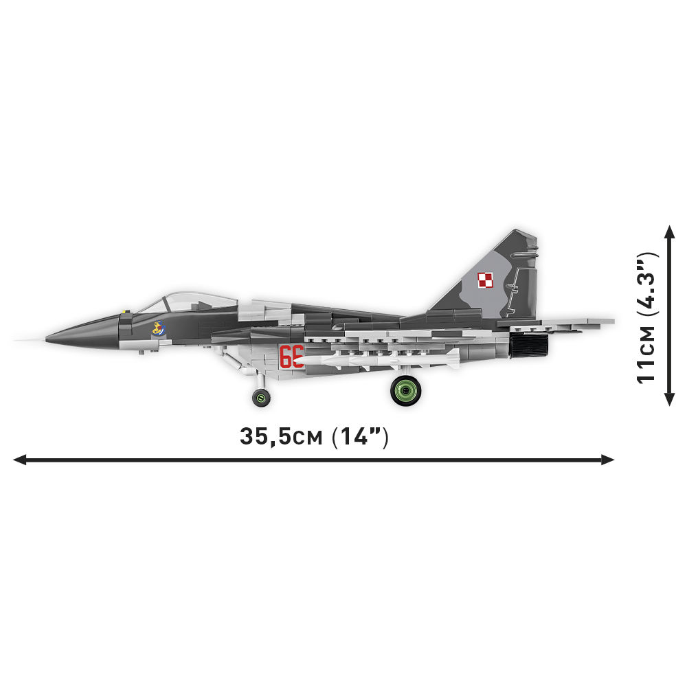 Boczny widok modelu MiG-29 z wymiarami
