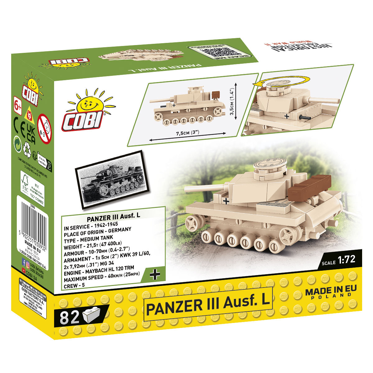 Panzer III Ausf. L w opakowaniu z widokiem modelu i wymiarami