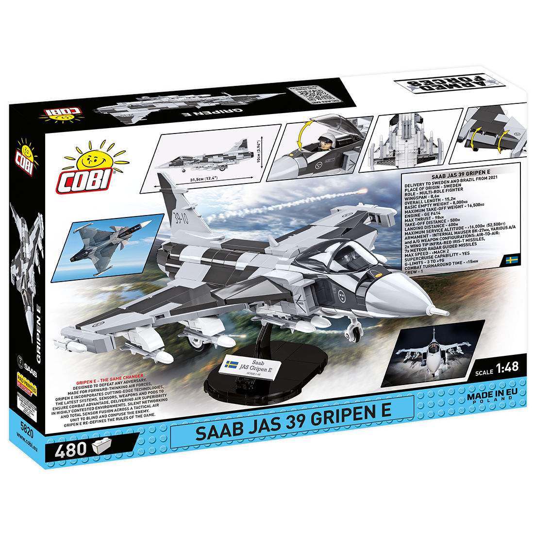 Model Saab JAS 39 Gripen E z klocków COBI z tyłu pudełka