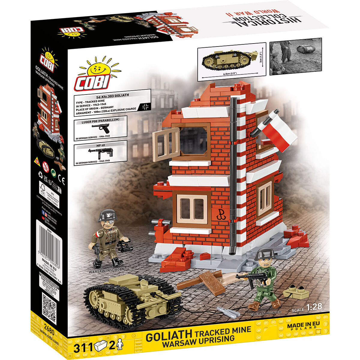 Model Goliata i diorama zrujnowanej kamienicy na opakowaniu