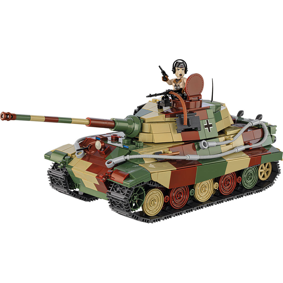Zbudowany model Königstiger z figurką i mini modelem silnika