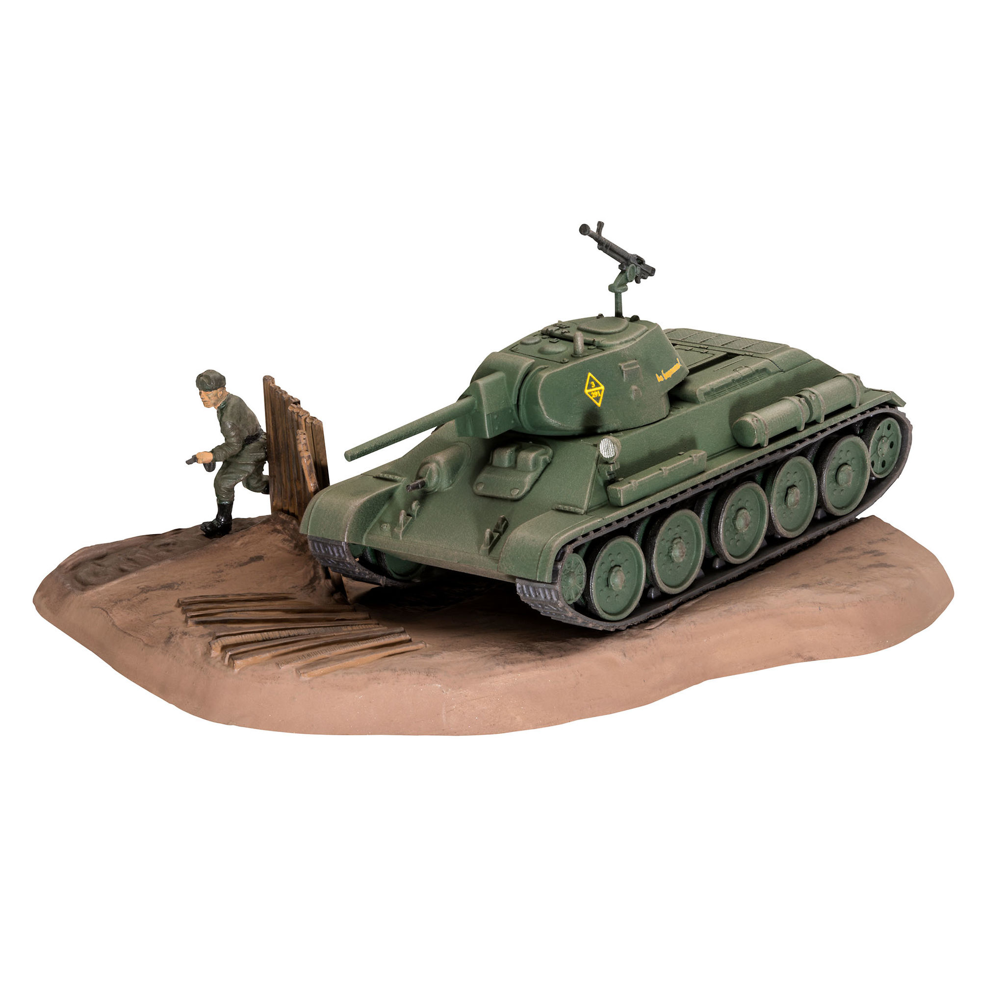 Zmontowany i pomalowany model czołgu T-34/76 na podstawce dioramy