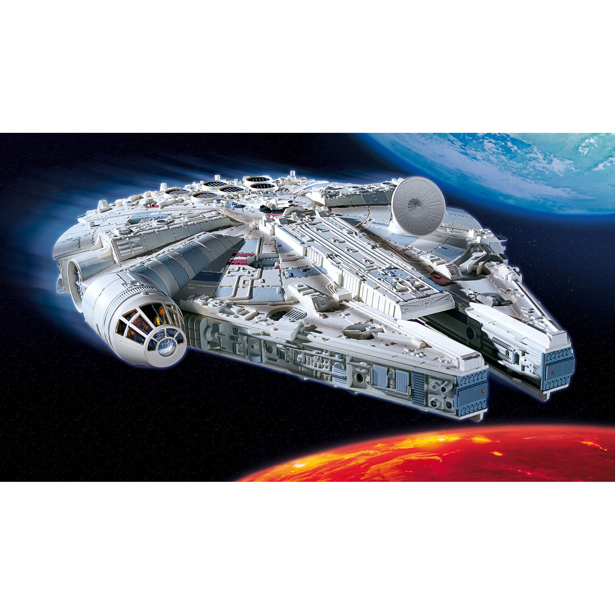 Złożony model Millennium Falcon na tle kosmosu