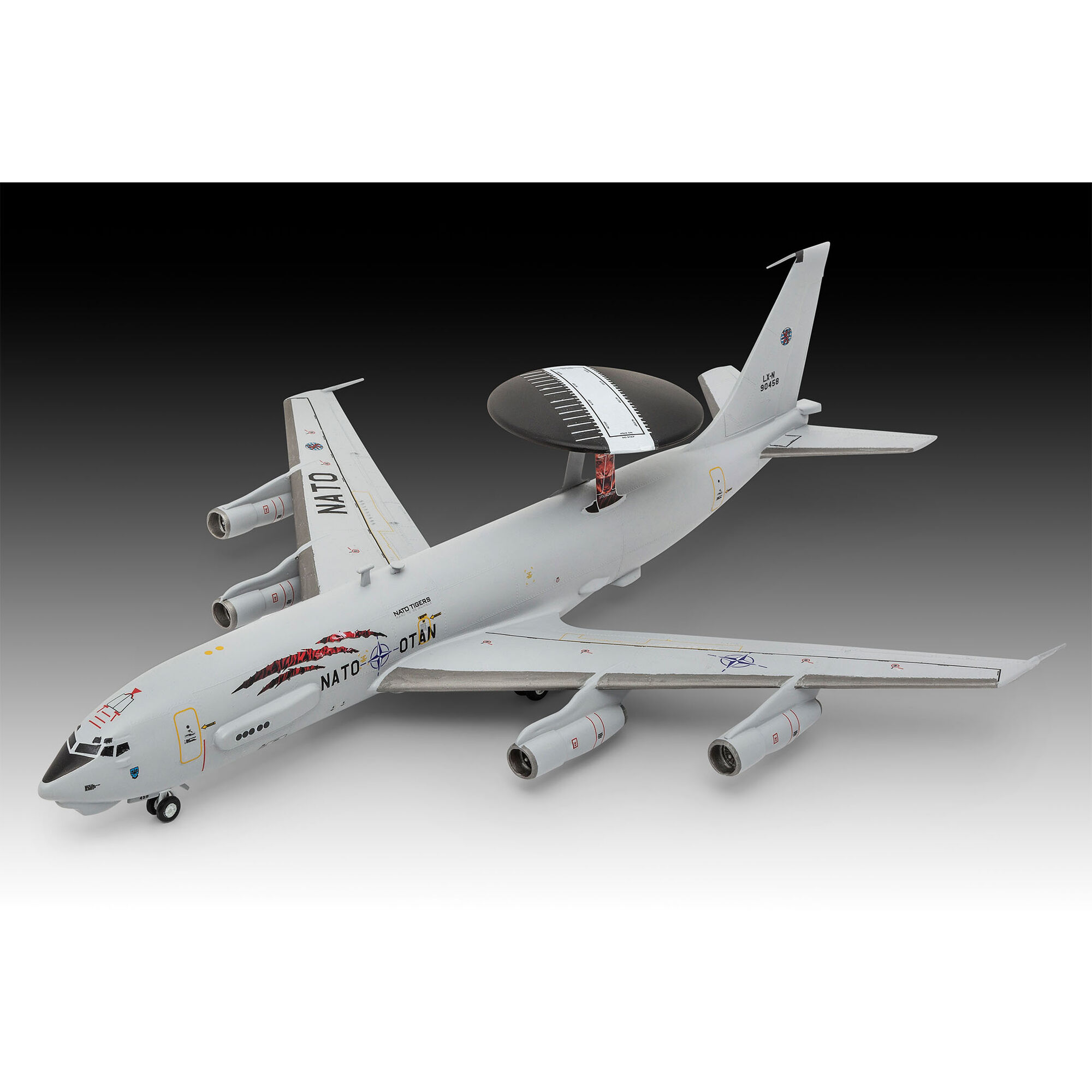 Zmontowany model Boeing E-3A Sentry z widoczną kopułą radarową