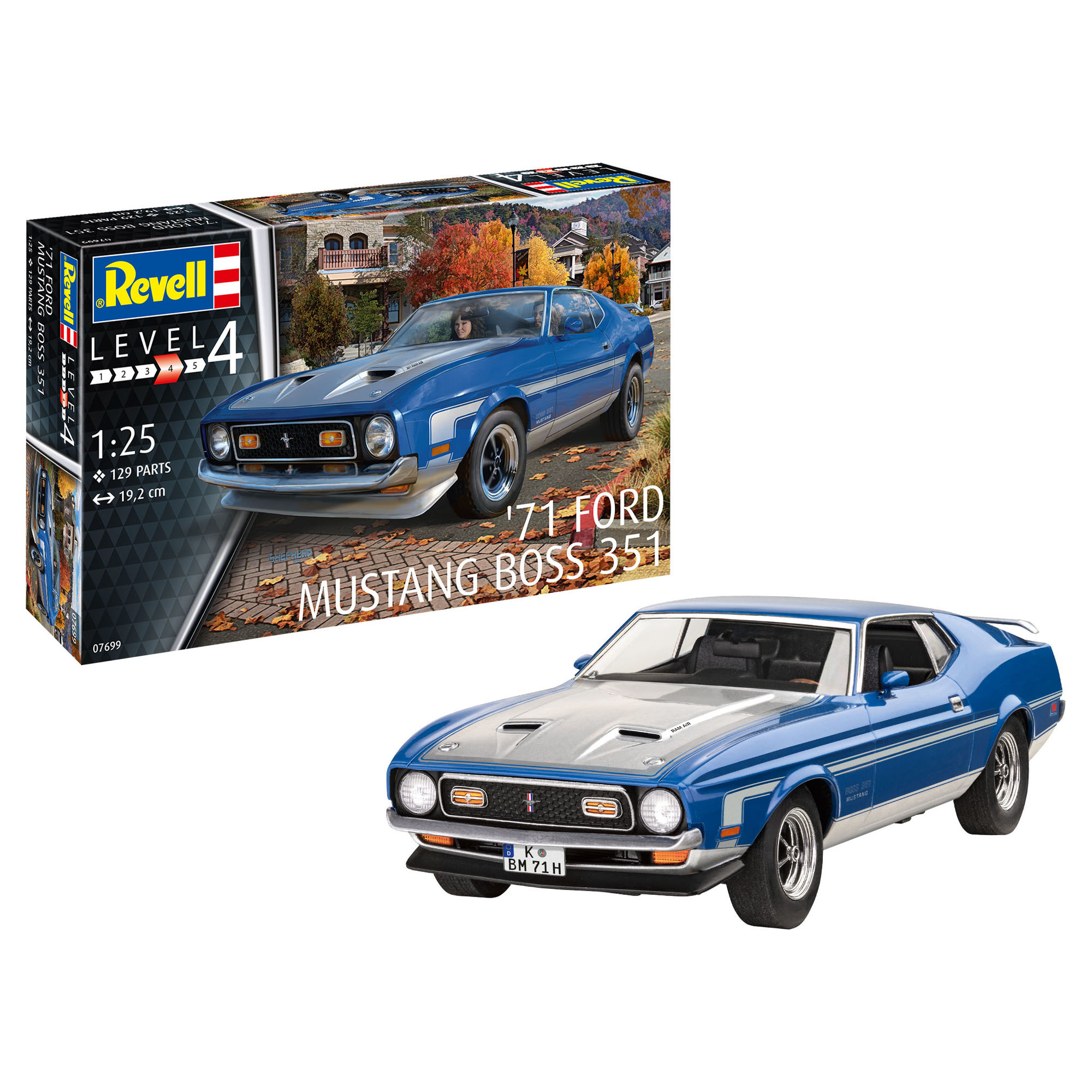 Złożony model Ford Mustang Boss 351 z pudełkiem zestawu