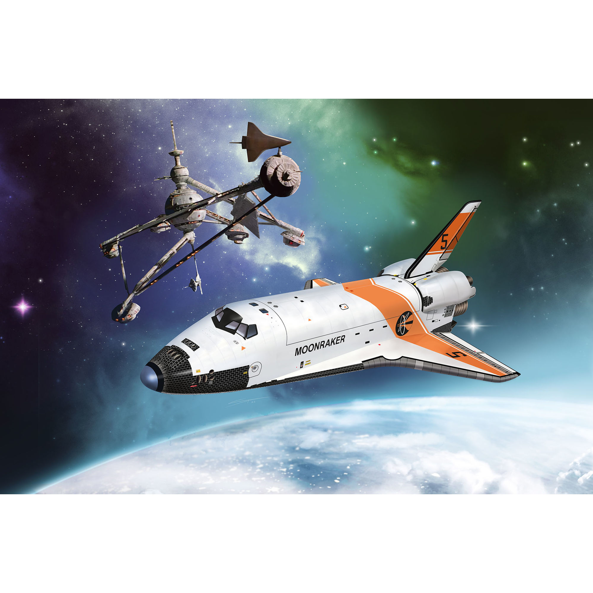 Model wahadłowca Moonraker na tle kosmosu