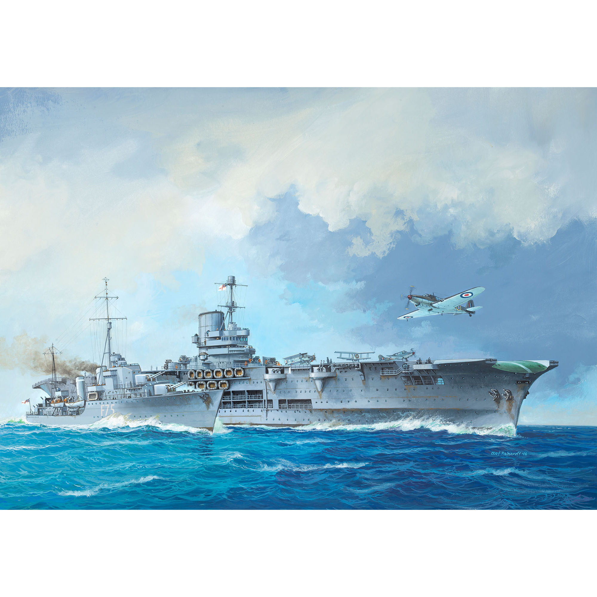 Ilustracja lotniskowca HMS Ark Royal i niszczyciela Tribal na morzu