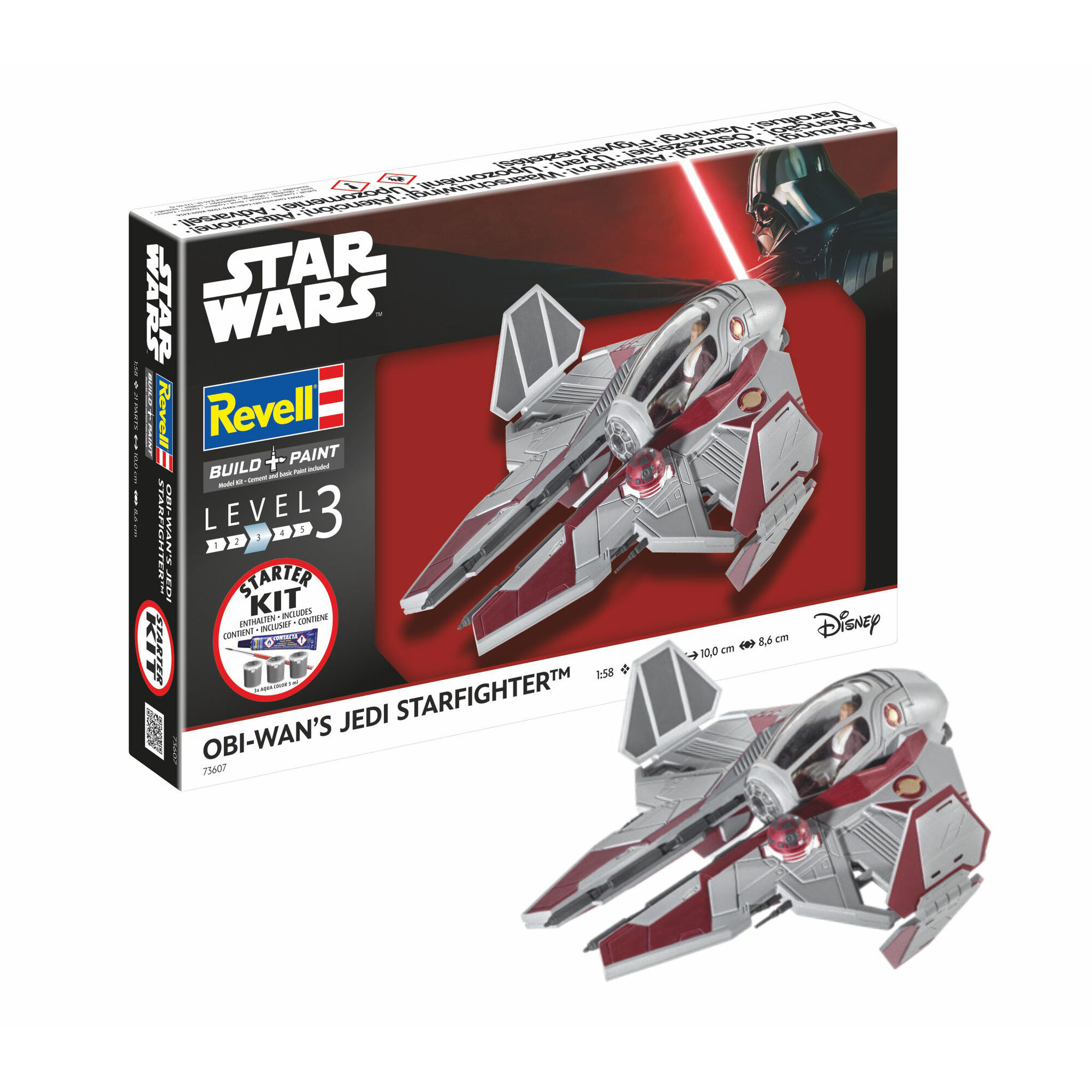 Gotowy model Obi-Wan's Jedi Starfighter obok opakowania