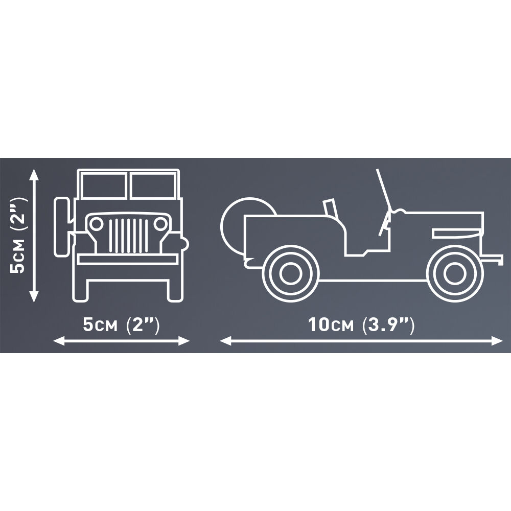 Schemat wymiarów modelu Jeep Willys CJ-2A: 10 cm długości i 5 cm wysokości