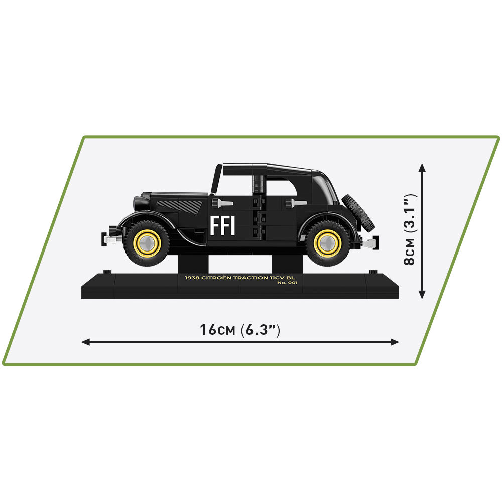 Boczny widok modelu Citroëna Traction z wymiarami 16 cm i 8 cm