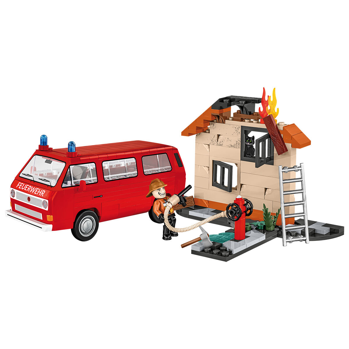 Model Volkswagena T3 Feuerwehr z płonącym domem