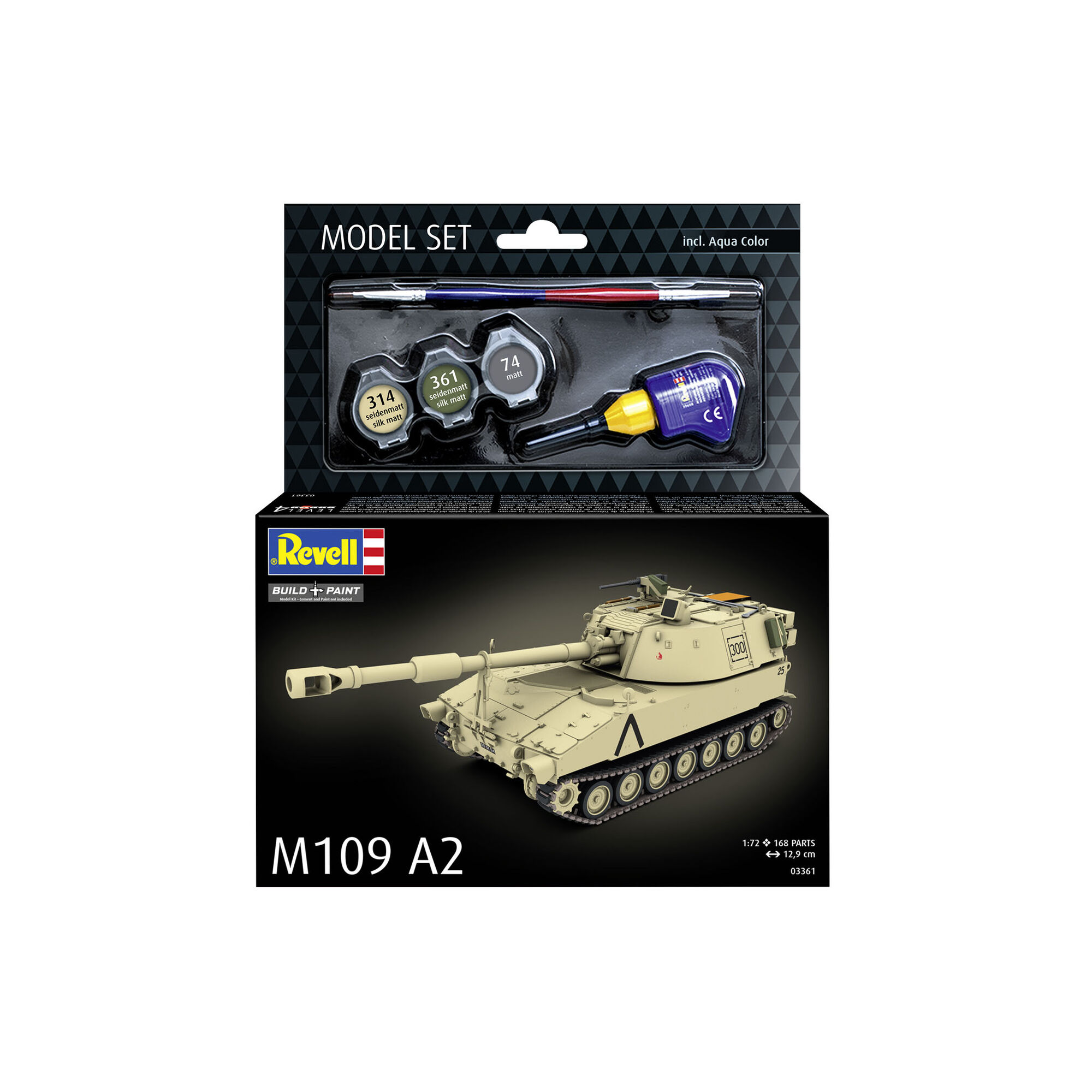 Opakowanie zestawu modelarskiego M109 A2 z farbami, klejem i pędzlami