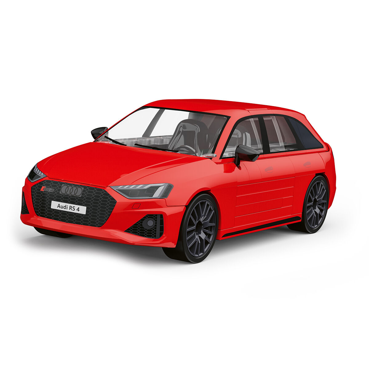 Czerwony model Audi RS 4 w widoku z przodu i z boku