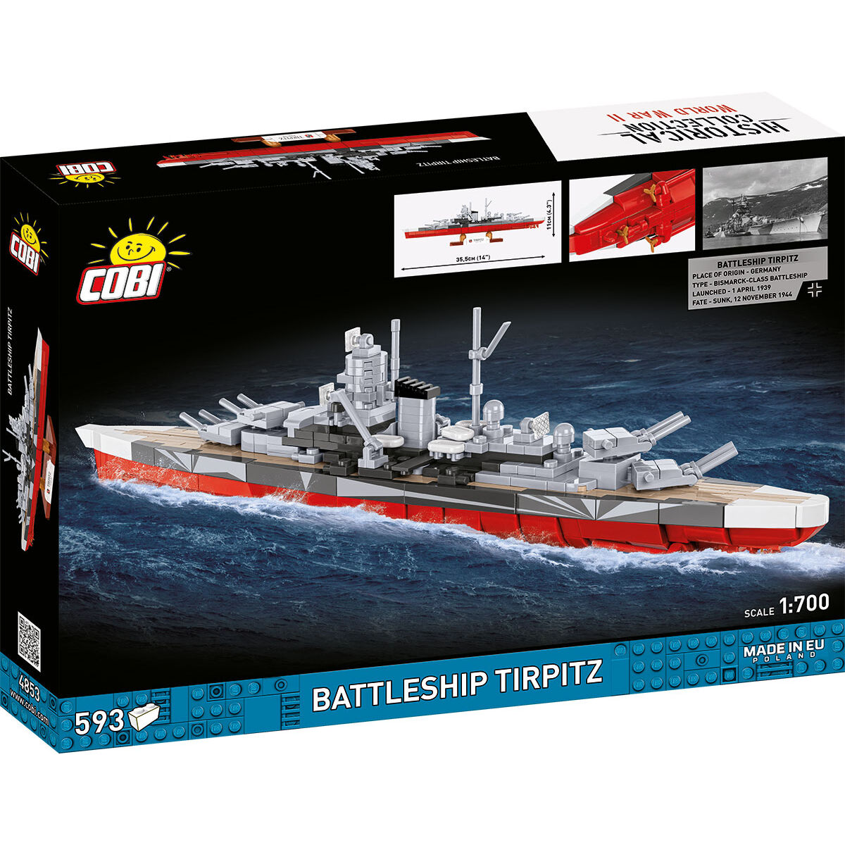 Model pancernika Tirpitz w skali 1:700 na tle opakowania