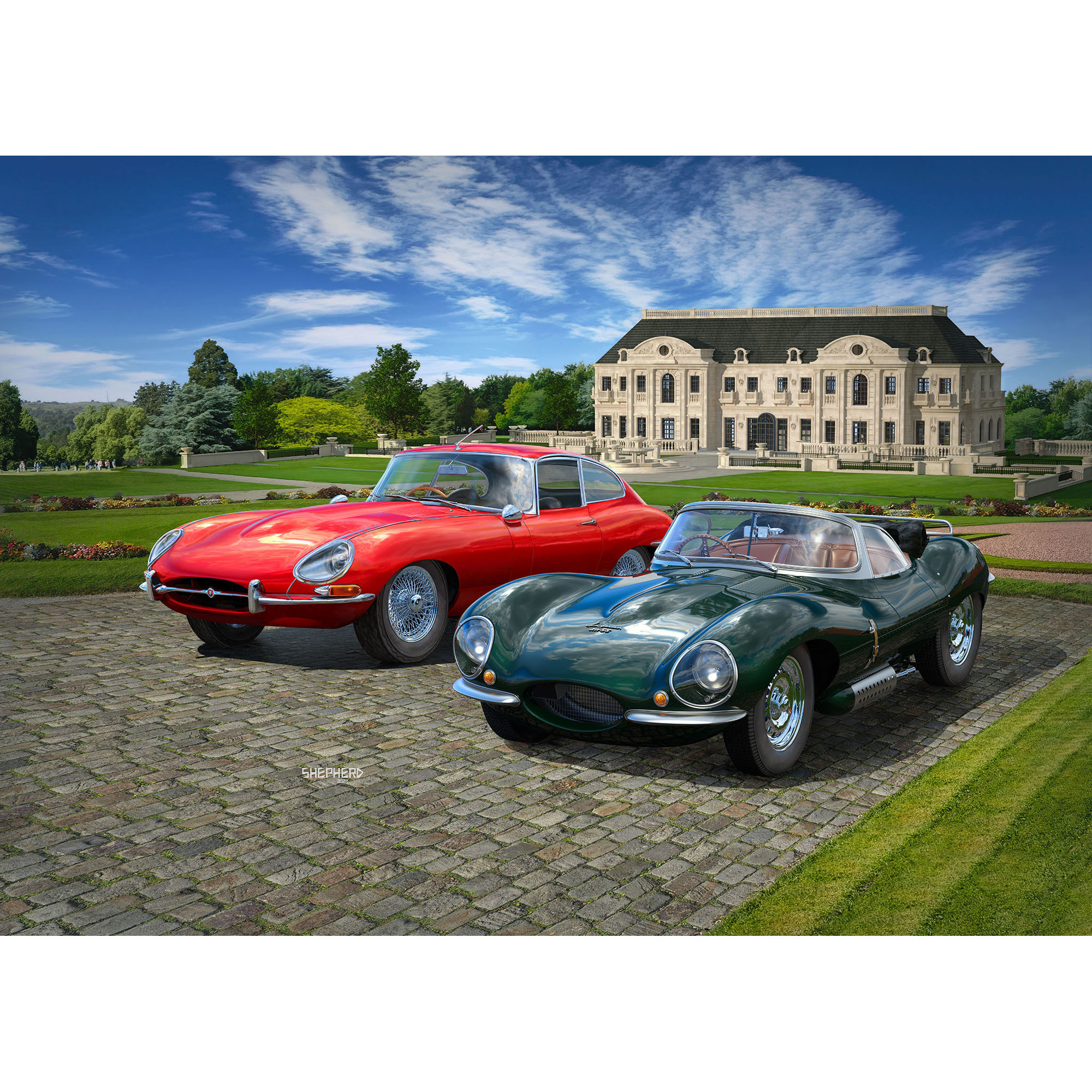 Modele Jaguara XK-SS i E-Type w scenerii ogrodowej