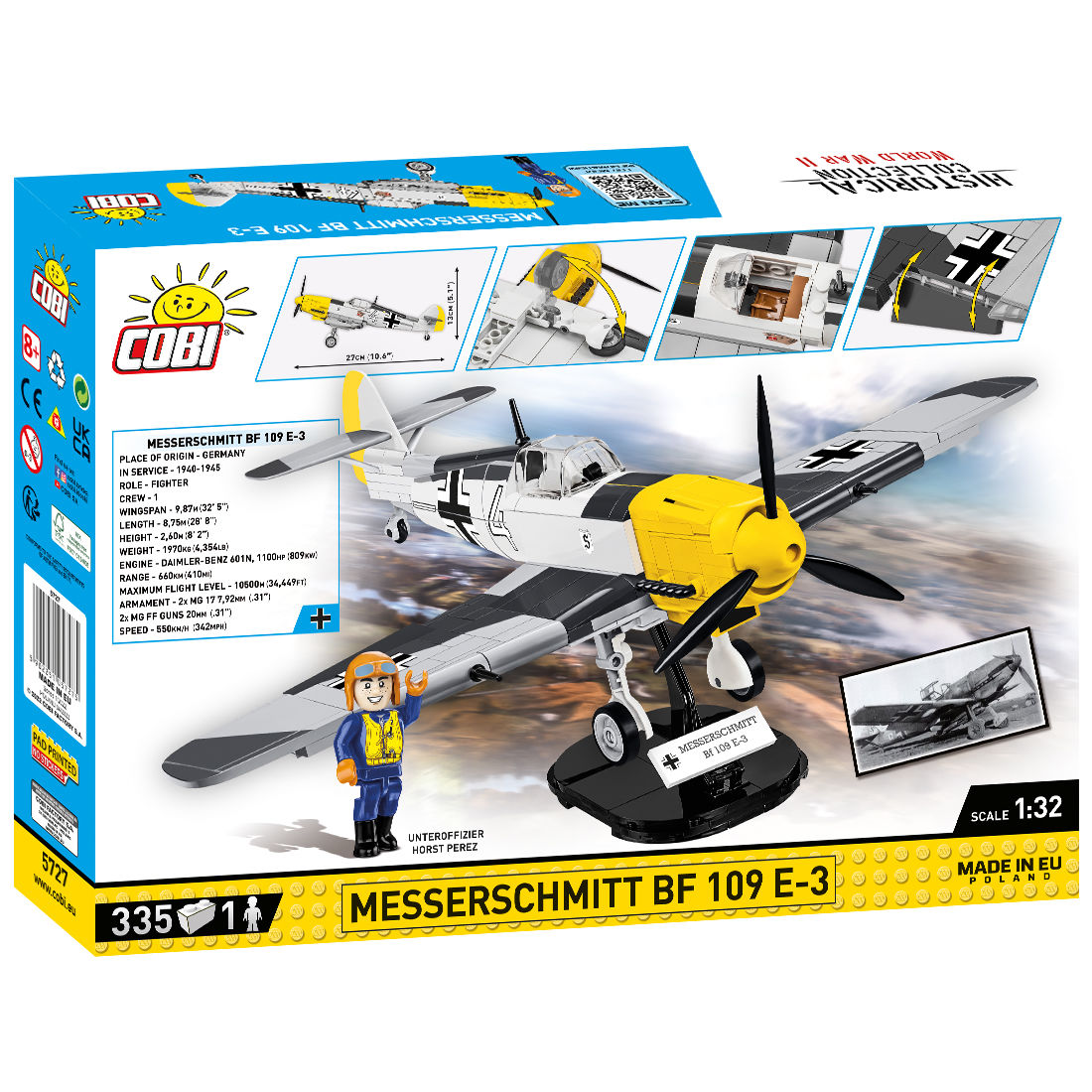 Model Messerschmitta Bf 109 E-3 z figurką pilota i podstawką ekspozycyjną