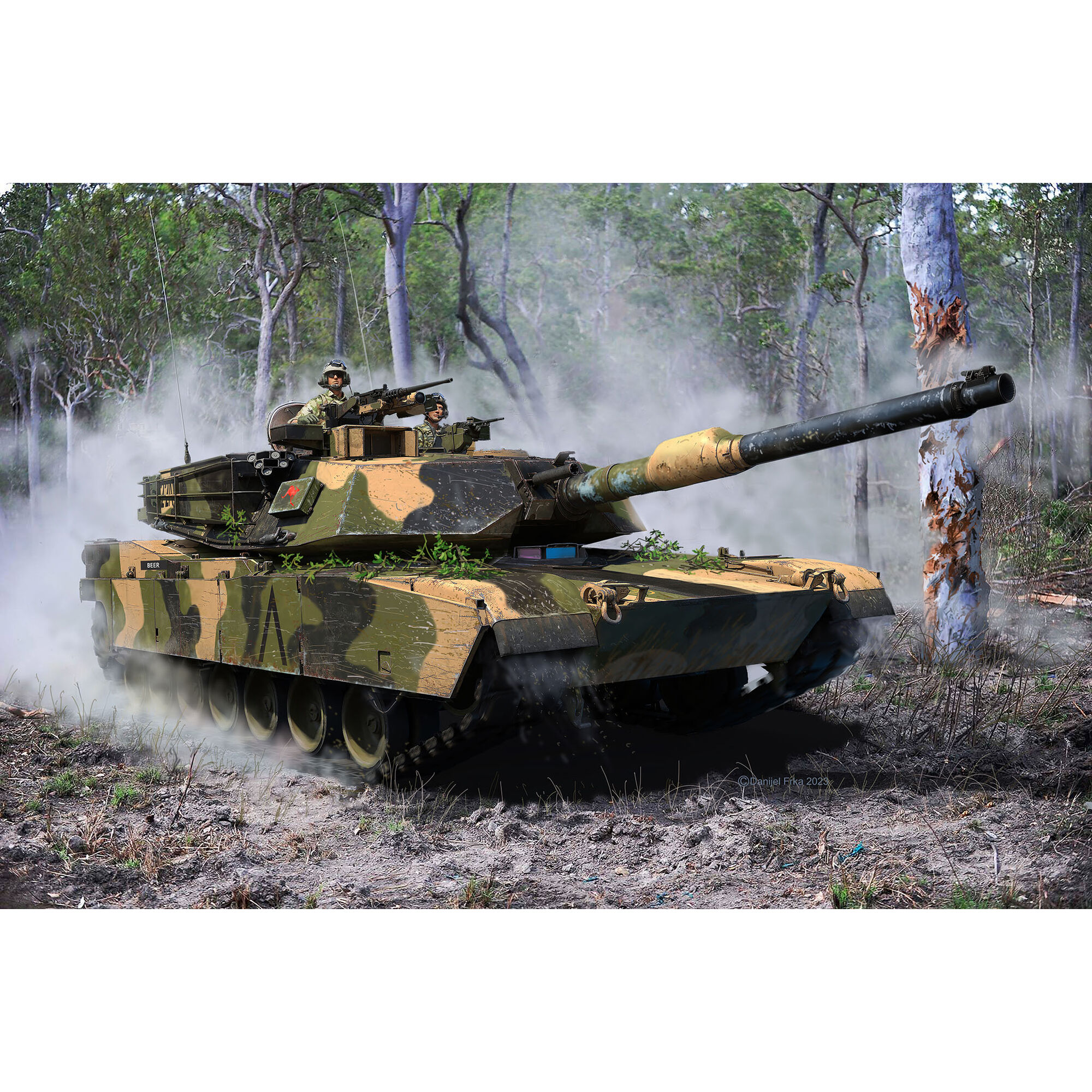 Model Abrams w kamuflażu na tle pojazdu rzeczywistego