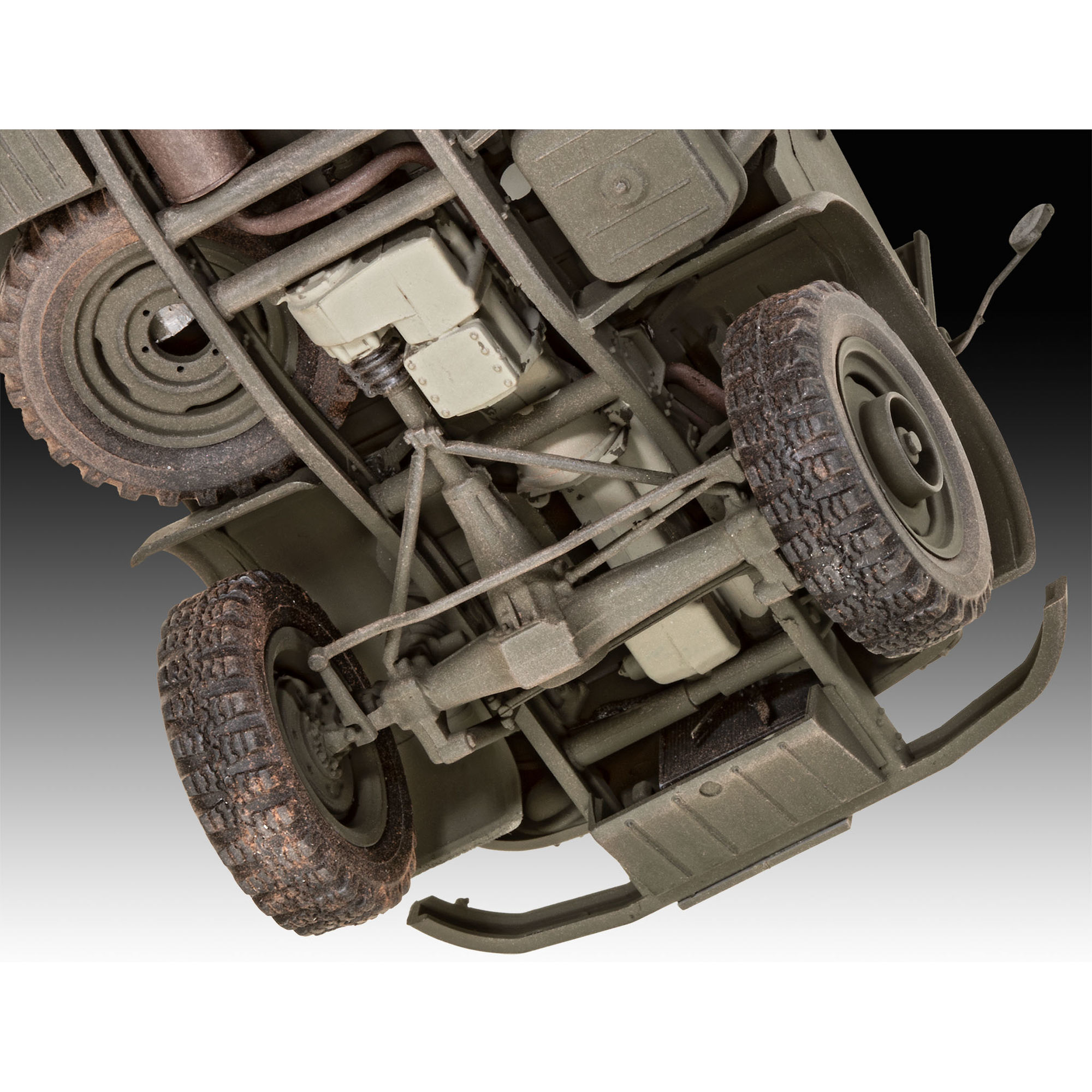 Spód modelu Unimog 404 S z widocznym podwoziem i zawieszeniem