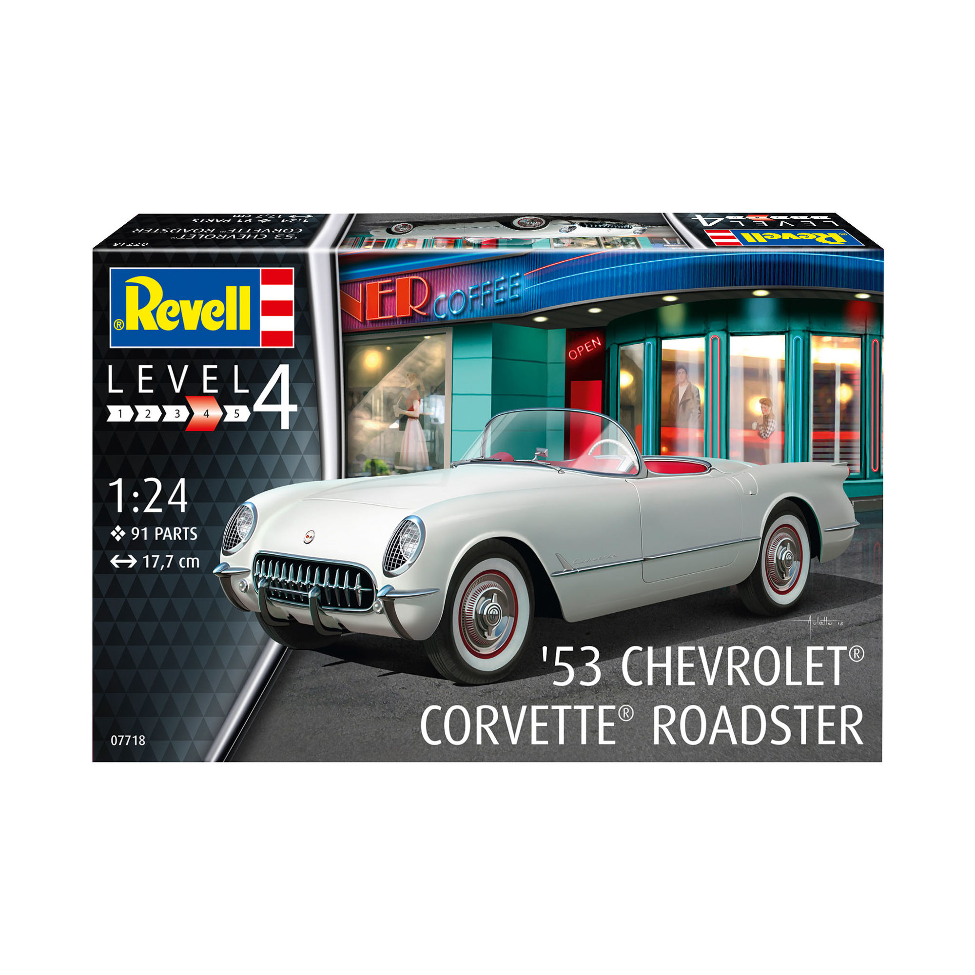 Model Chevrolet Corvette Roadster z 1953 roku na tle opakowania