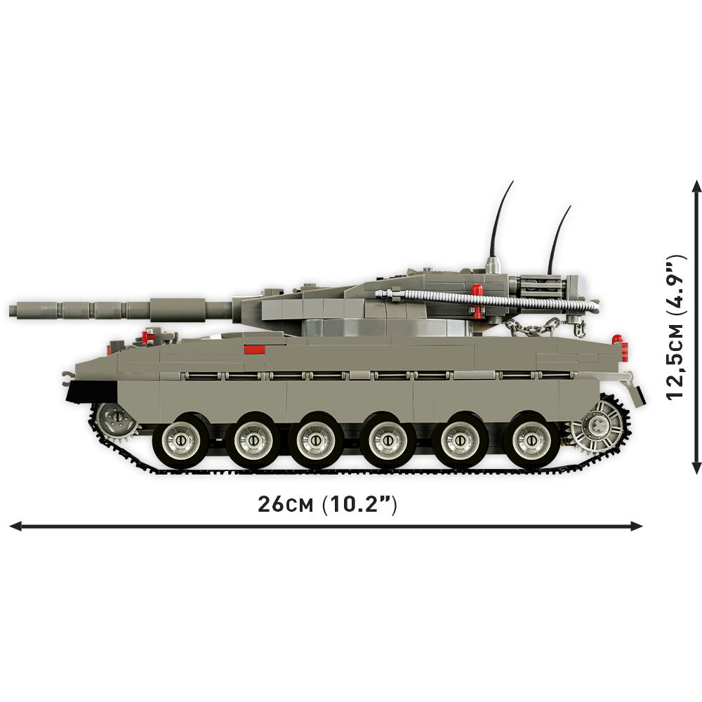 Boczny widok modelu Merkava Mk. I/II z wymiarami 26 cm długości i 12,5 cm wysokości