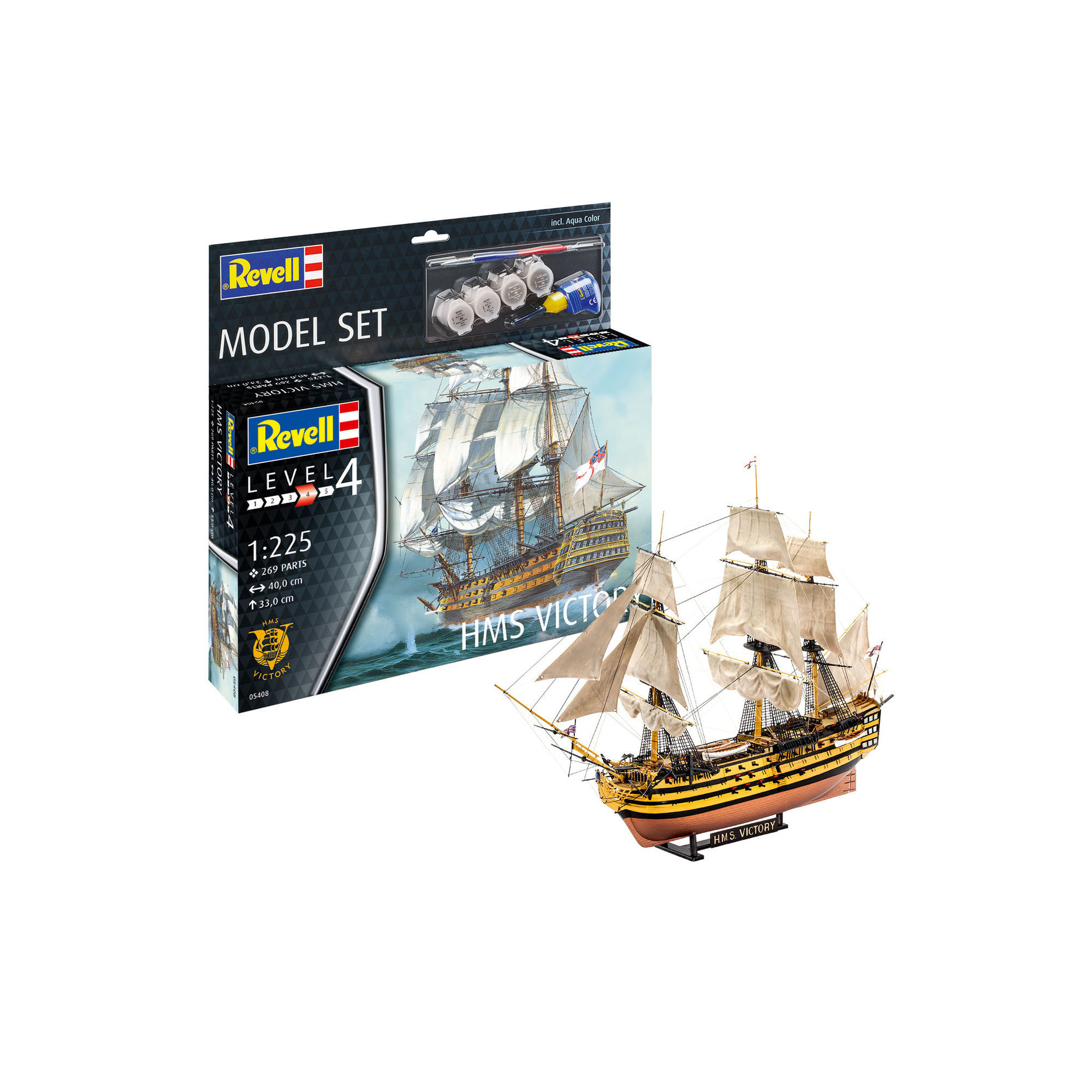 Złożony model HMS Victory obok pudełka zestawu