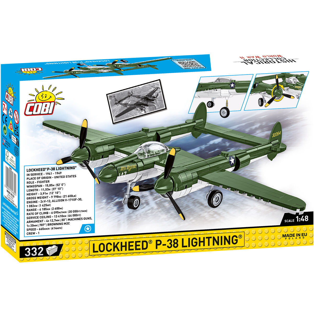 Model Lockheed P-38 Lightning na tle opakowania