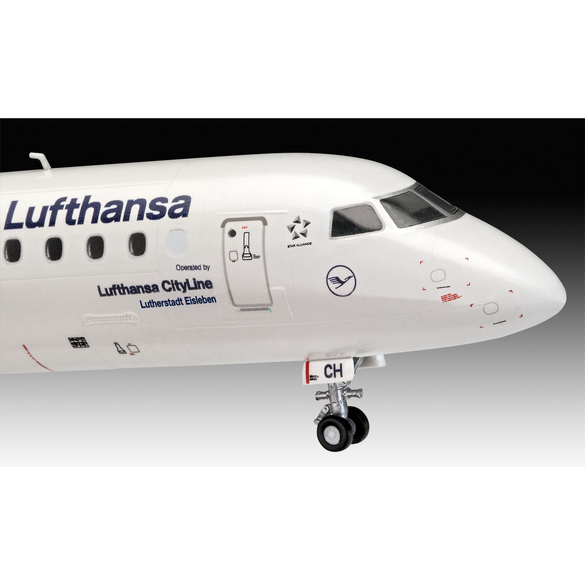 Zbliżenie kokpitu i przedniej części modelu Embraer 190