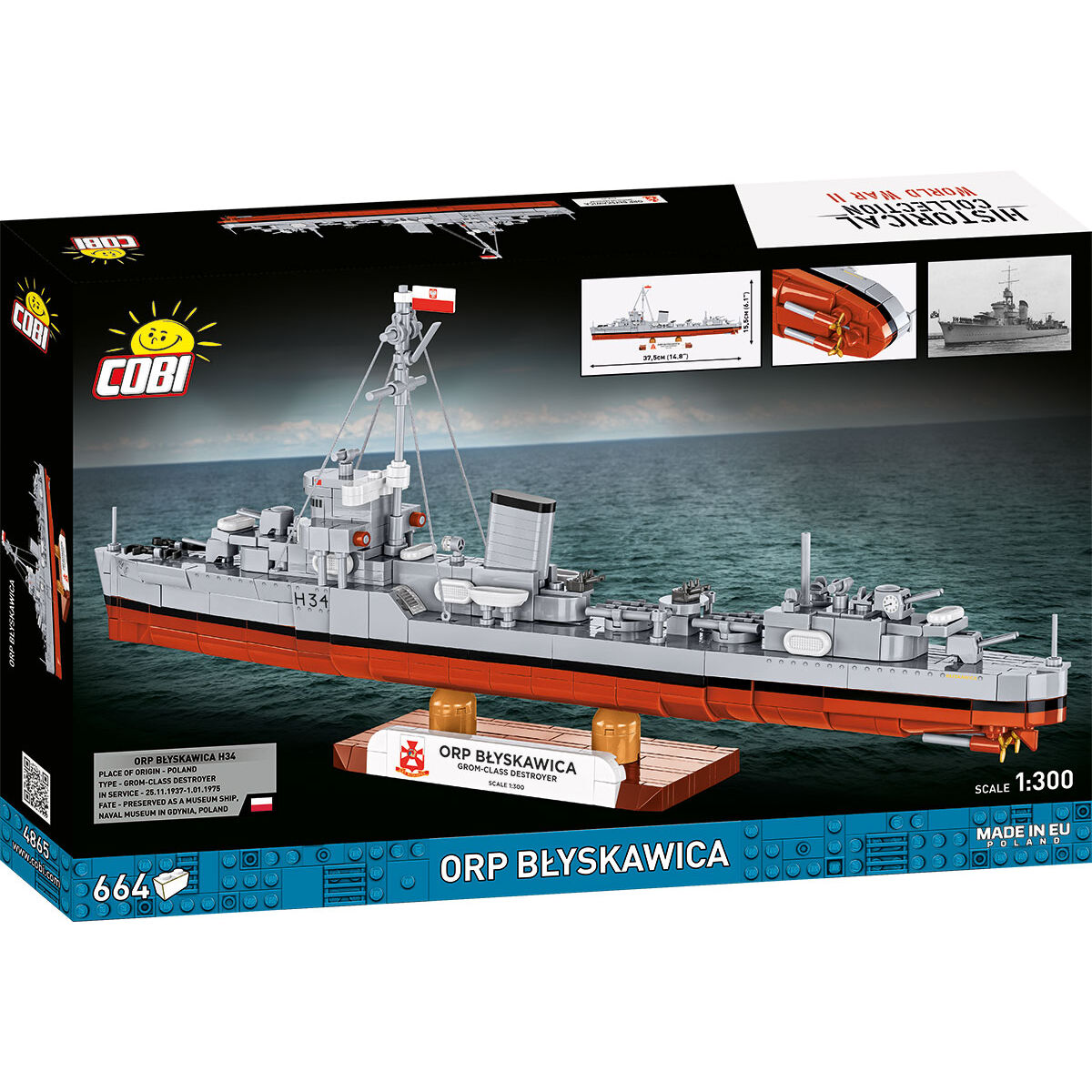 Model ORP Błyskawica na podstawce ekspozycyjnej